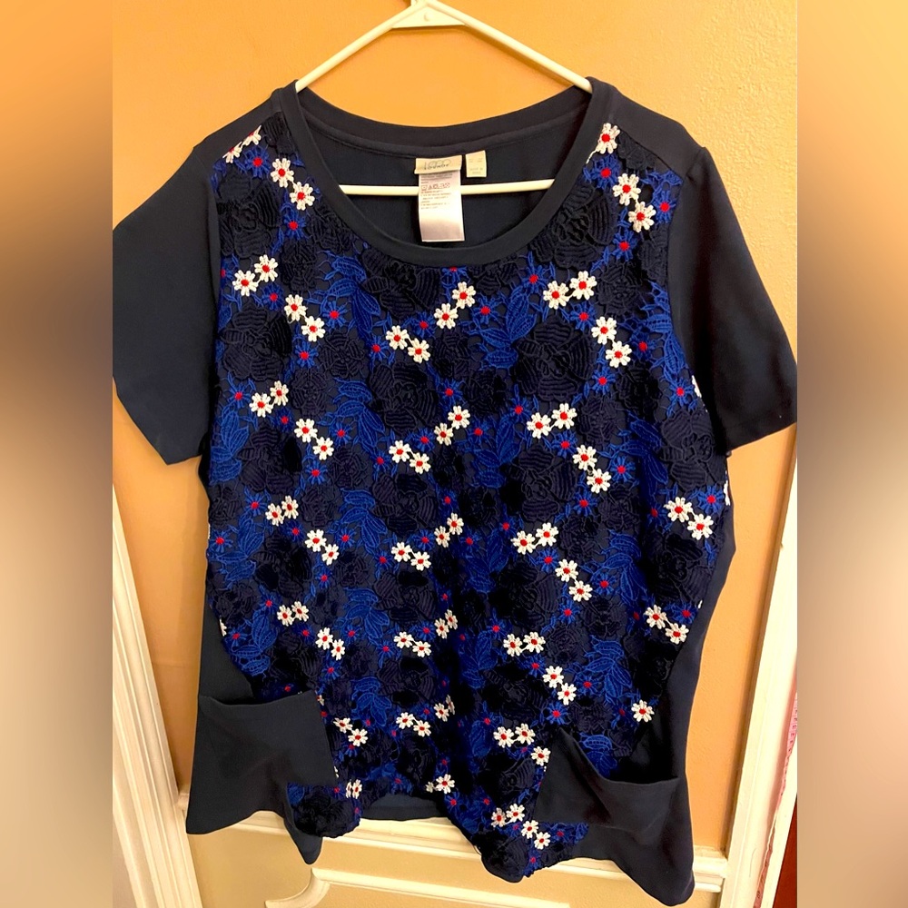 LOGO Shirt by Lori Goldstein  3x BlueFloral Lace Tunic Pockets Short Sleeve